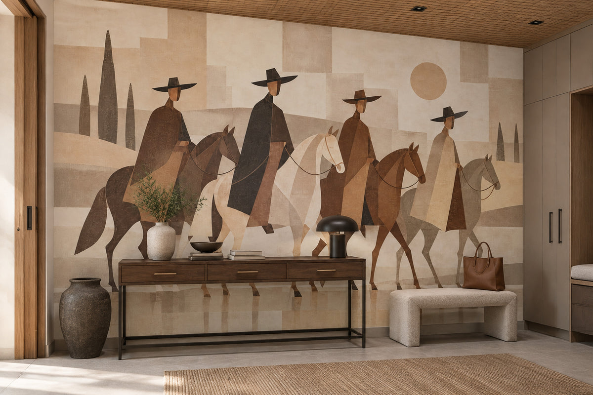 Abstract Horse Riders Wallpaper Mural In Beige Rustic Geometric Style