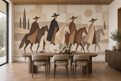 Abstract Horse Riders Wallpaper Mural In Beige Rustic Geometric Style