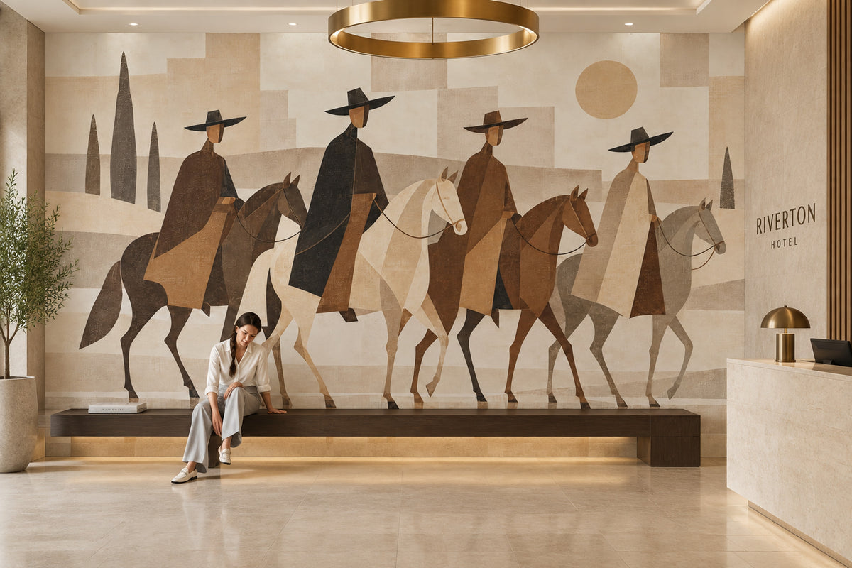 Abstract Horse Riders Wallpaper Mural In Beige Rustic Geometric Style