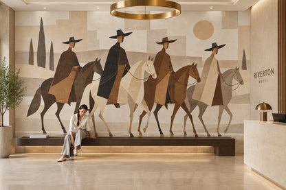 Abstract Horse Riders Wallpaper Mural In Beige Rustic Geometric Style