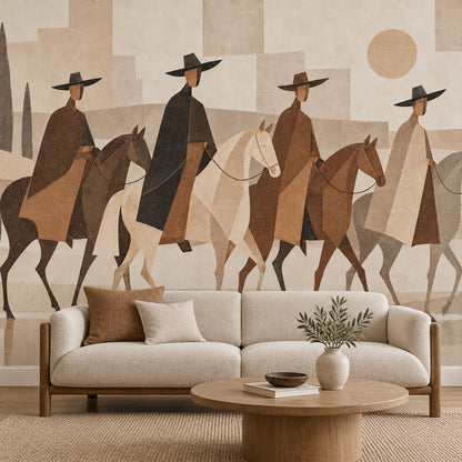 Abstract Horse Riders Wallpaper Mural In Beige Rustic Geometric Style