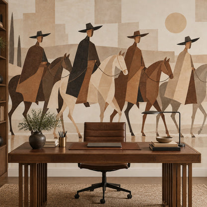 Abstract Horse Riders Wallpaper Mural In Beige Rustic Geometric Style