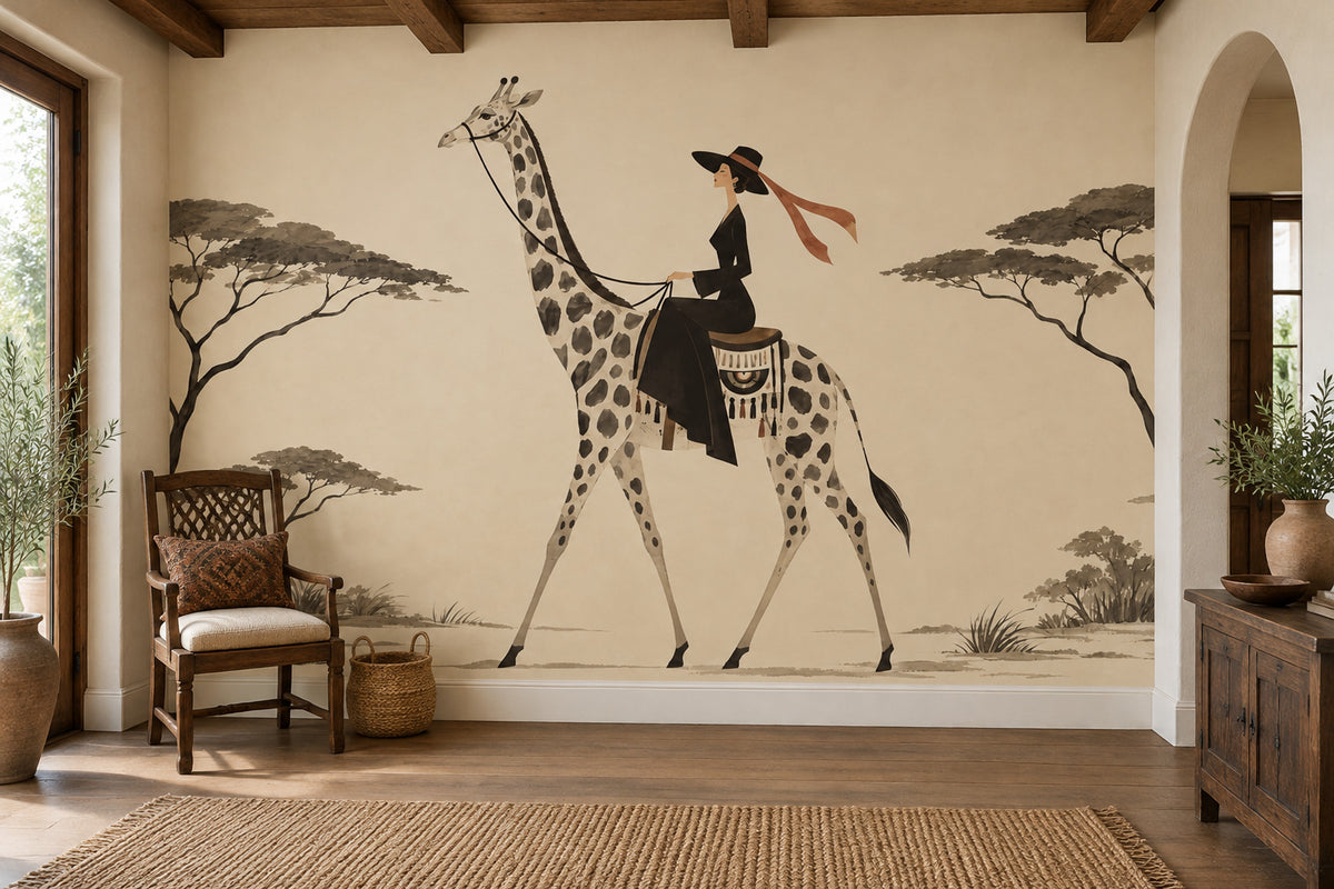 Giraffe Rider Wallpaper Mural In Cream Beige Vintage Inspired Safari Style