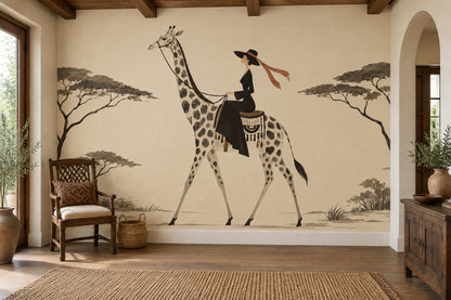 Giraffe Rider Wallpaper Mural In Cream Beige Vintage Inspired Safari Style