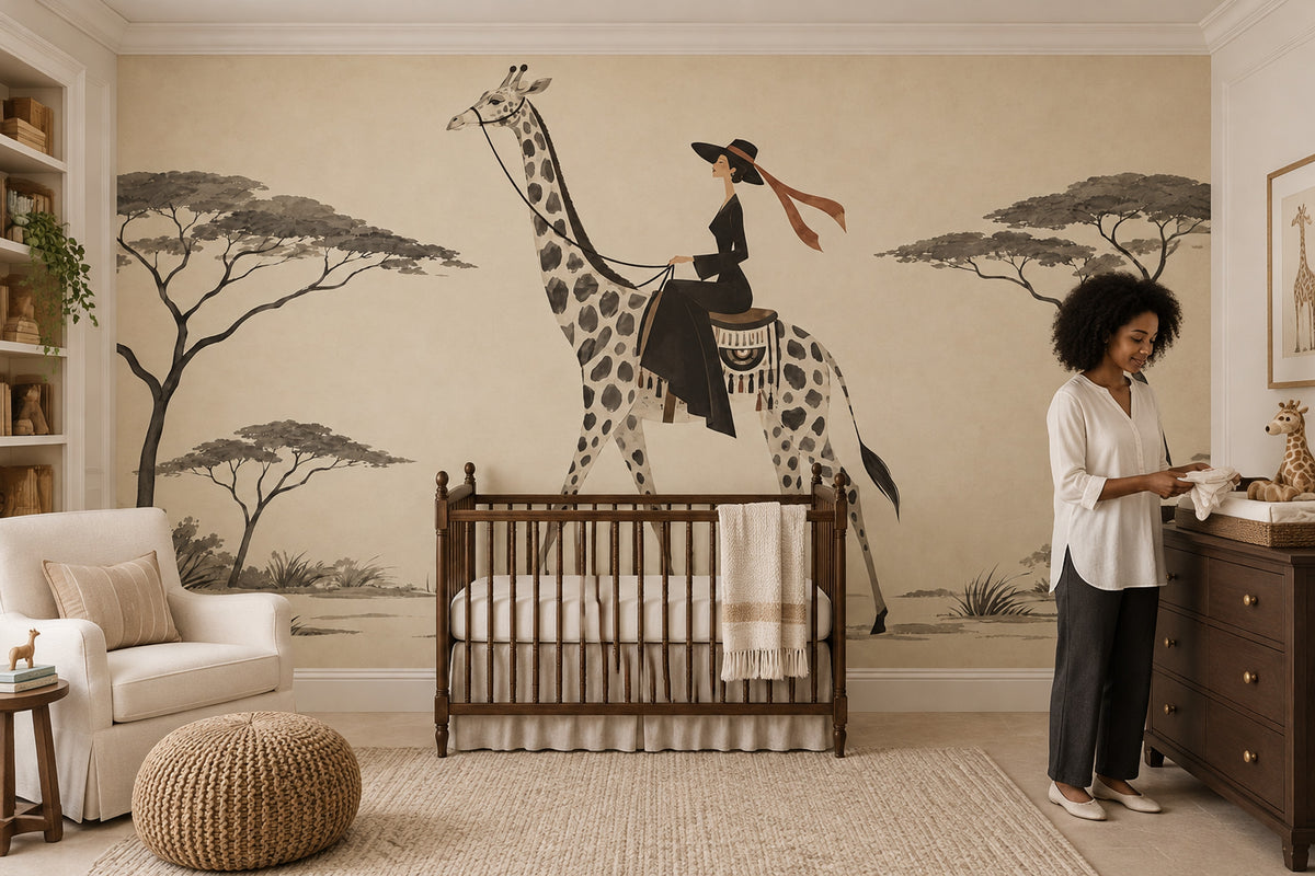 Giraffe Rider Wallpaper Mural In Cream Beige Vintage Inspired Safari Style
