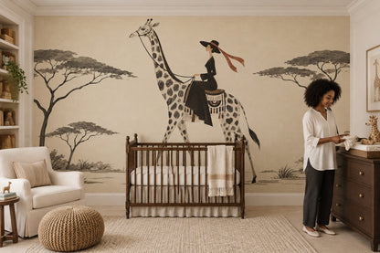 Giraffe Rider Wallpaper Mural In Cream Beige Vintage Inspired Safari Style