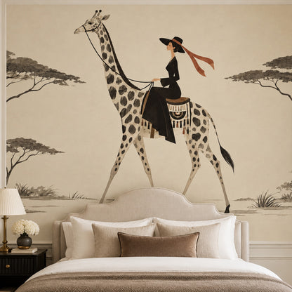 Giraffe Rider Wallpaper Mural In Cream Beige Vintage Inspired Safari Style