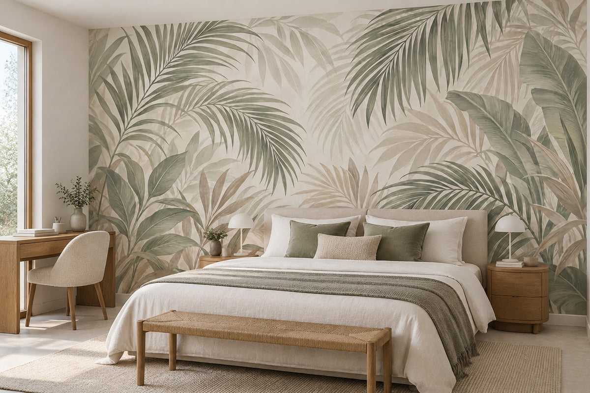 Layered Tropical Leaves Wallpaper Mural Sage Green Watercolor Neutrals