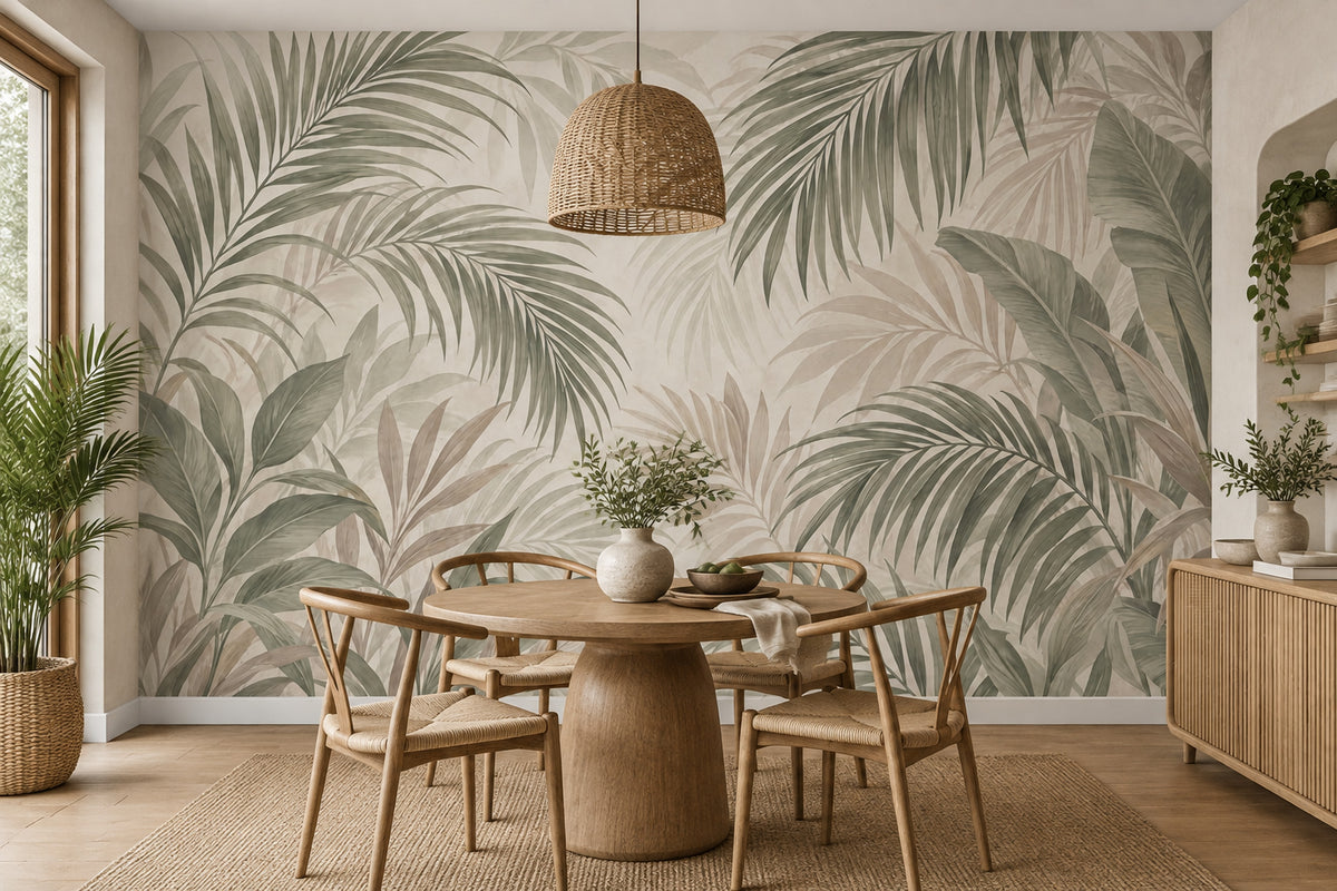 Layered Tropical Leaves Wallpaper Mural Sage Green Watercolor Neutrals