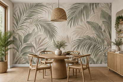 Layered Tropical Leaves Wallpaper Mural Sage Green Watercolor Neutrals