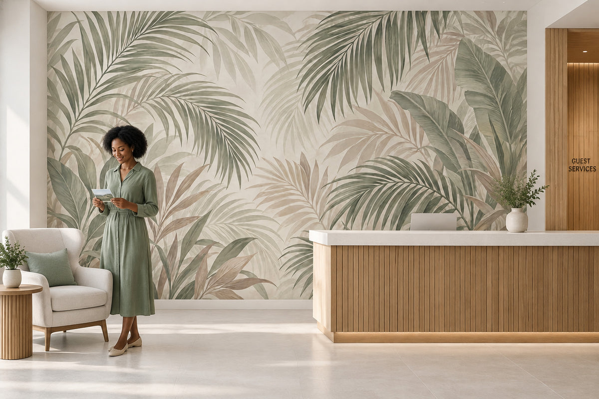 Layered Tropical Leaves Wallpaper Mural Sage Green Watercolor Neutrals