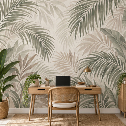 Layered Tropical Leaves Wallpaper Mural Sage Green Watercolor Neutrals