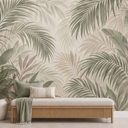 Layered Tropical Leaves Wallpaper Mural Sage Green Watercolor Neutrals
