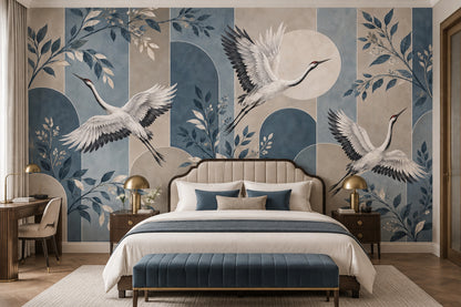 Flying White Cranes Wallpaper Mural Muted Blue Chinoiserie Arches