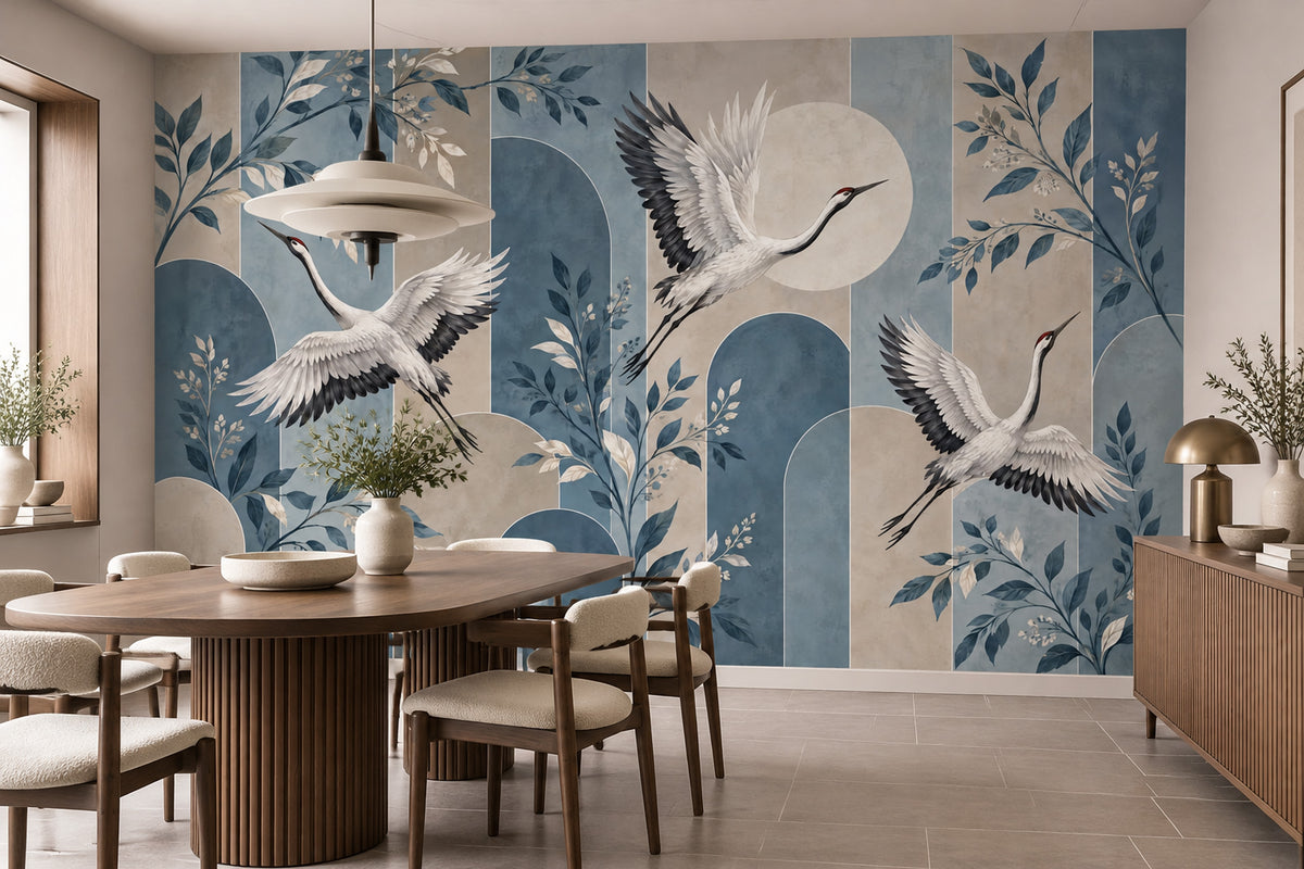 Flying White Cranes Wallpaper Mural Muted Blue Chinoiserie Arches