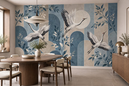 Flying White Cranes Wallpaper Mural Muted Blue Chinoiserie Arches