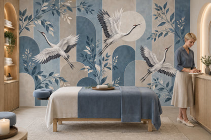 Flying White Cranes Wallpaper Mural Muted Blue Chinoiserie Arches