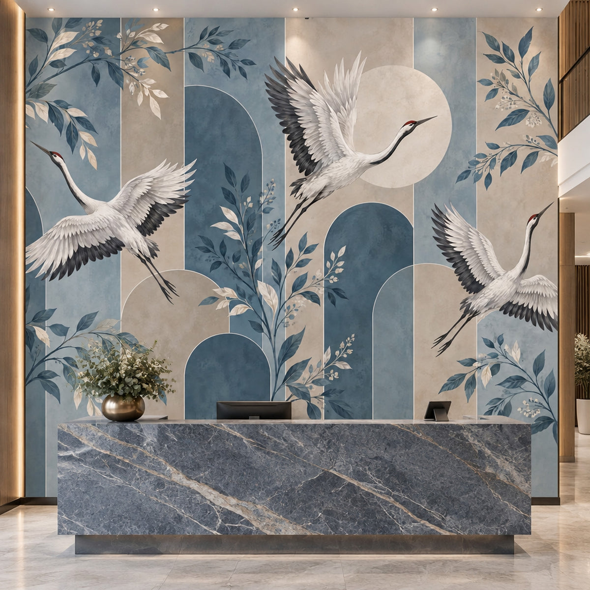 Flying White Cranes Wallpaper Mural Muted Blue Chinoiserie Arches