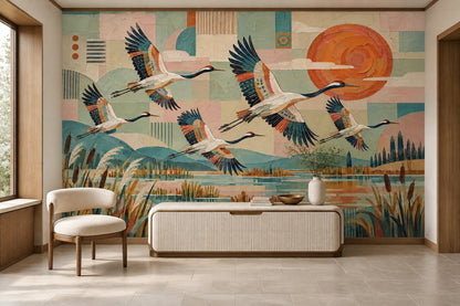 Flying Cranes Wallpaper Mural In Pastel Geometric Wetland With Orange Sun
