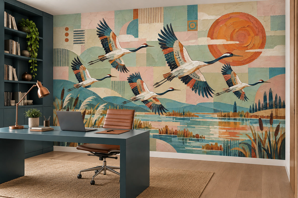 Flying Cranes Wallpaper Mural In Pastel Geometric Wetland With Orange Sun