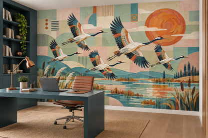 Flying Cranes Wallpaper Mural In Pastel Geometric Wetland With Orange Sun