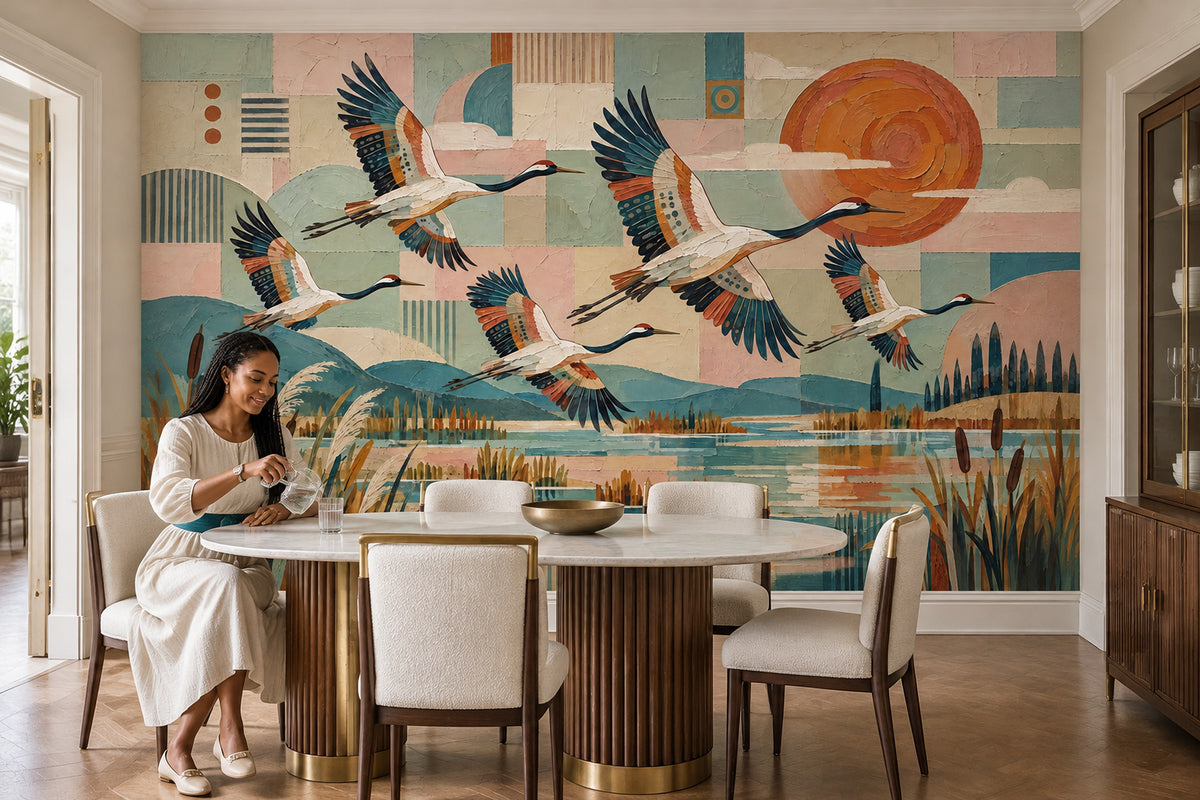 Flying Cranes Wallpaper Mural In Pastel Geometric Wetland With Orange Sun