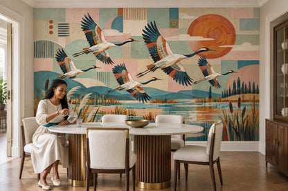 Flying Cranes Wallpaper Mural In Pastel Geometric Wetland With Orange Sun