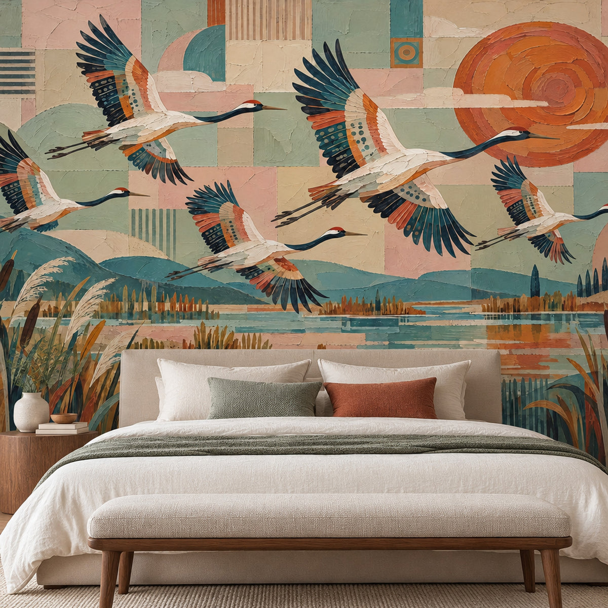 Flying Cranes Wallpaper Mural In Pastel Geometric Wetland With Orange Sun