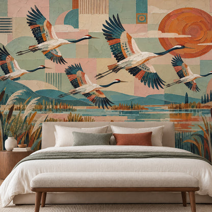 Flying Cranes Wallpaper Mural In Pastel Geometric Wetland With Orange Sun