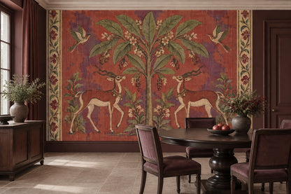 Tree Of Life With Gazelles Wallpaper Mural: Vintage Inspired Rust Red