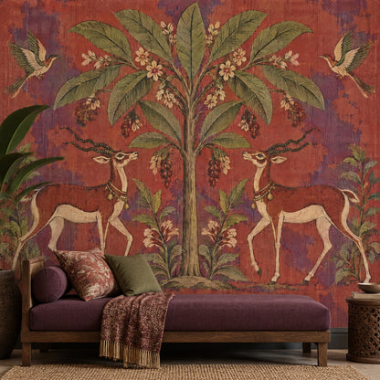Tree Of Life With Gazelles Wallpaper Mural: Vintage Inspired Rust Red