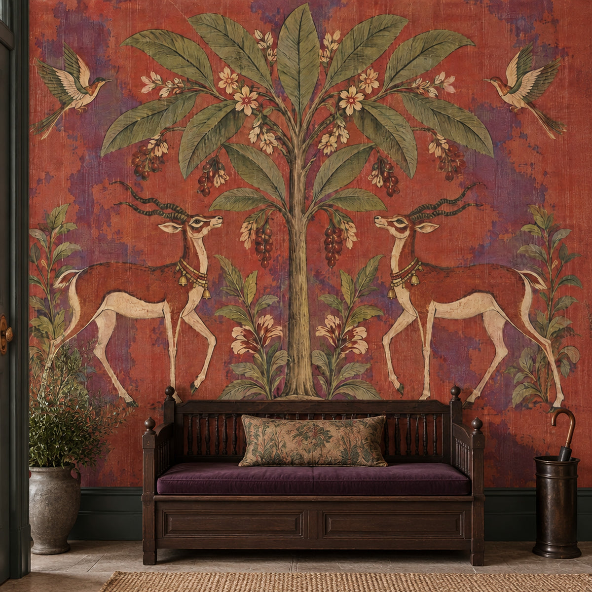 Tree Of Life With Gazelles Wallpaper Mural: Vintage Inspired Rust Red