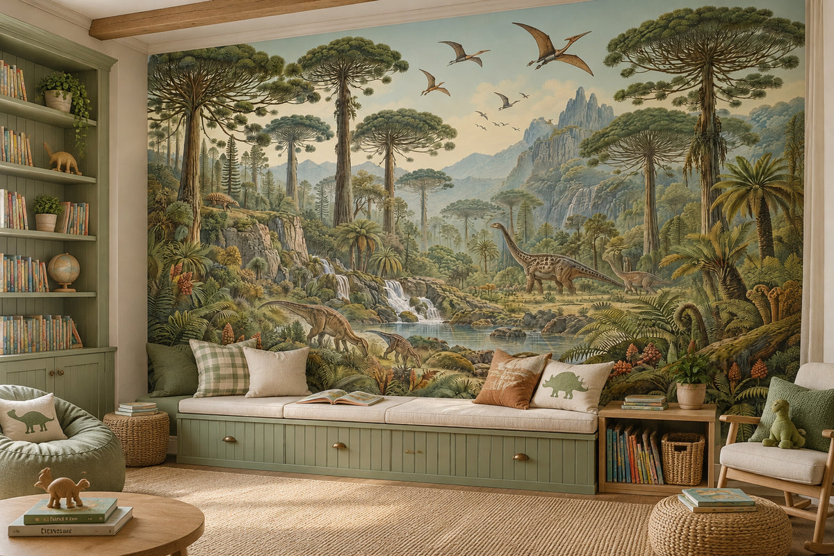 Prehistoric Jungle Dinosaurs Wallpaper Mural Vintage Inspired Illustration