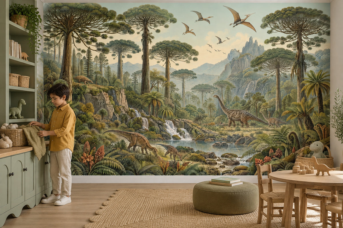 Prehistoric Jungle Dinosaurs Wallpaper Mural Vintage Inspired Illustration