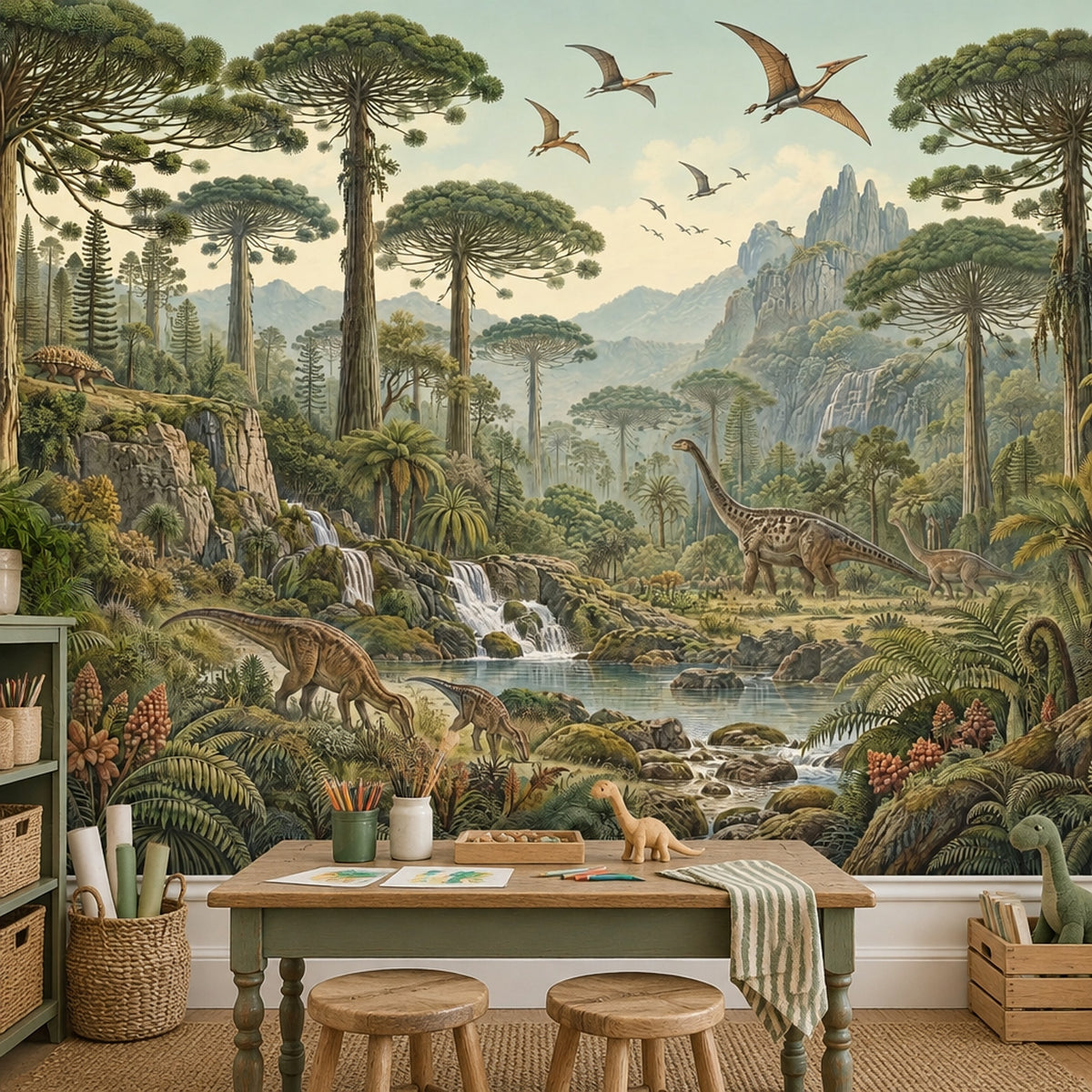 Prehistoric Jungle Dinosaurs Wallpaper Mural Vintage Inspired Illustration