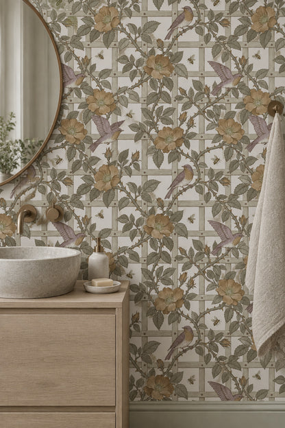 Rose Vines And Birds Wallpaper Trellis Pattern In Cream And Sage Green