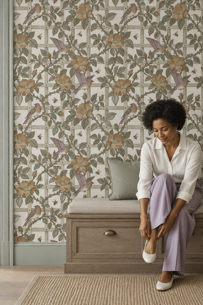 Rose Vines And Birds Wallpaper Trellis Pattern In Cream And Sage Green