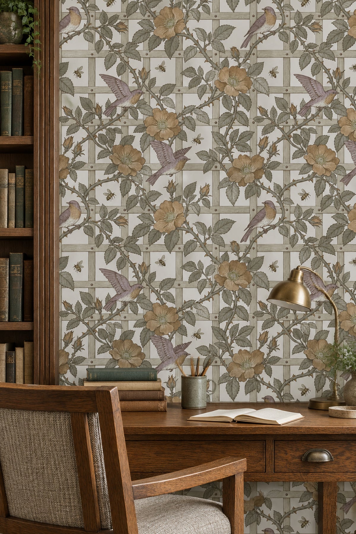 Rose Vines And Birds Wallpaper Trellis Pattern In Cream And Sage Green