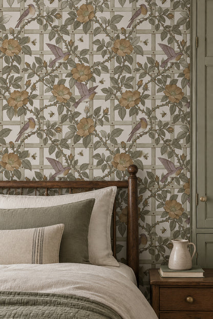 Rose Vines And Birds Wallpaper Trellis Pattern In Cream And Sage Green