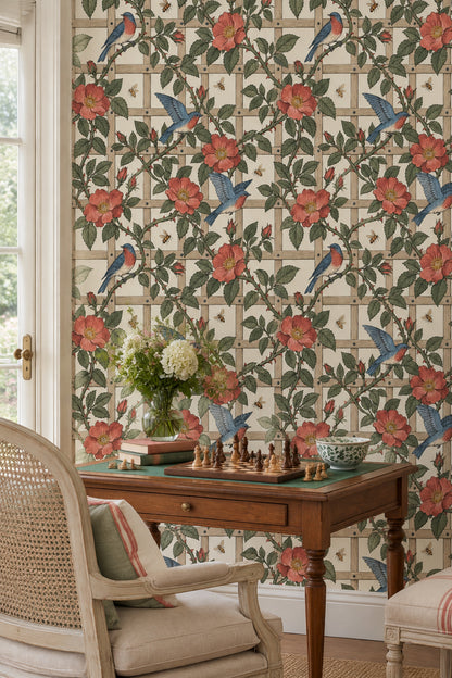 Wild Rose And Songbird Wallpaper Muted Green Vines On Cream Trellis