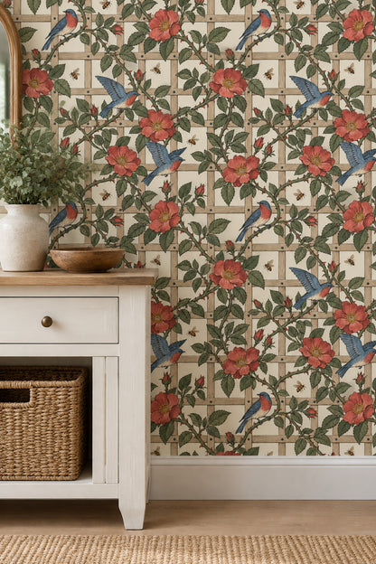 Wild Rose And Songbird Wallpaper Muted Green Vines On Cream Trellis