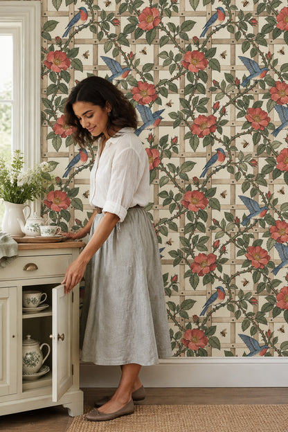 Wild Rose And Songbird Wallpaper Muted Green Vines On Cream Trellis