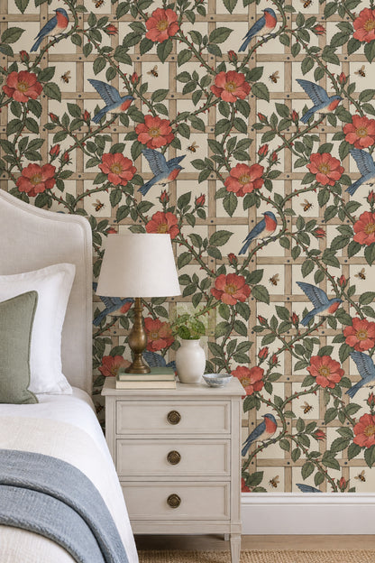 Wild Rose And Songbird Wallpaper Muted Green Vines On Cream Trellis