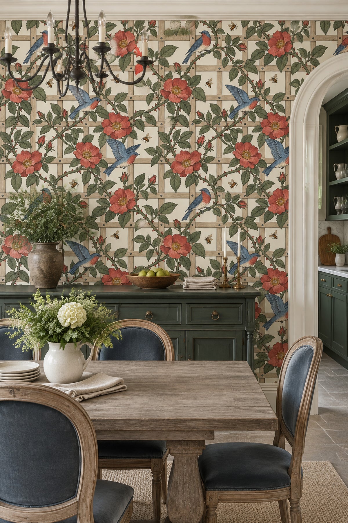Wild Rose And Songbird Wallpaper Muted Green Vines On Cream Trellis