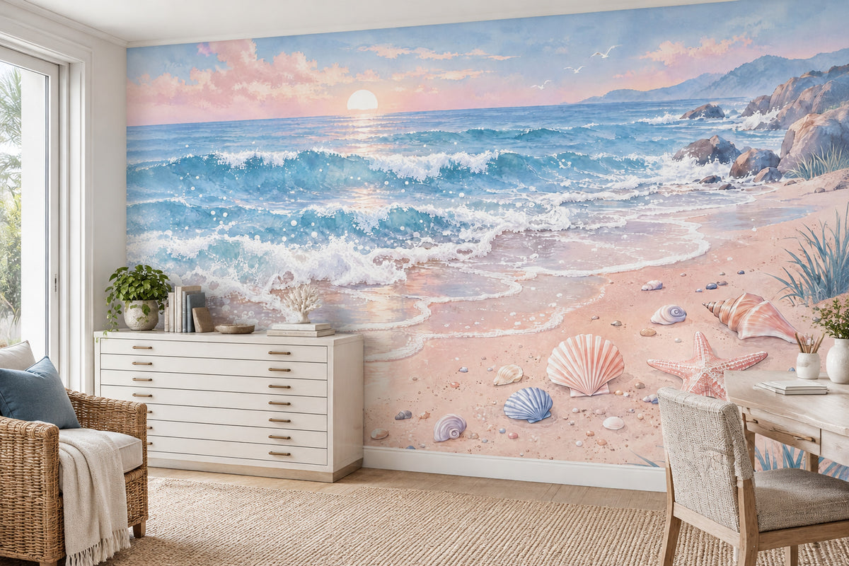 Pastel Ocean Waves Wallpaper Mural Watercolor Beach Sunset