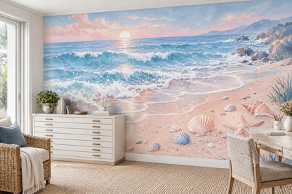 Pastel Ocean Waves Wallpaper Mural Watercolor Beach Sunset