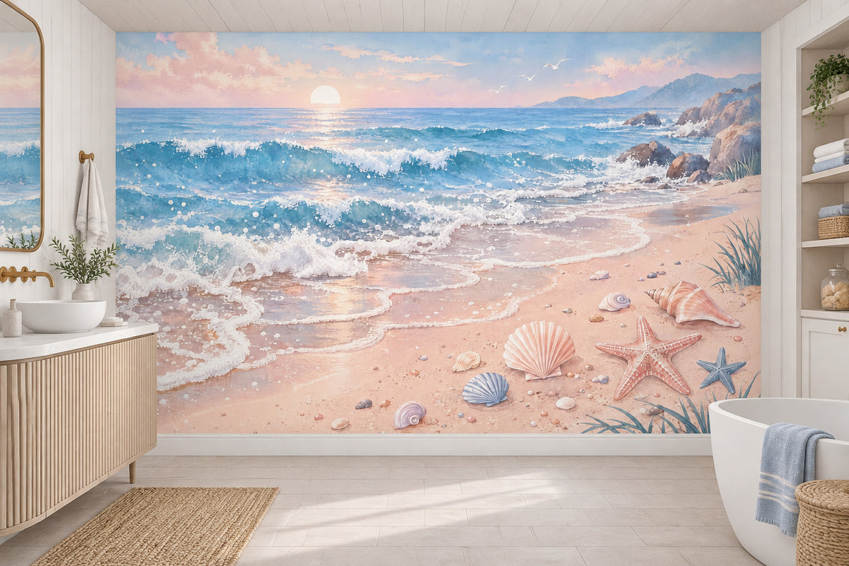Pastel Ocean Waves Wallpaper Mural Watercolor Beach Sunset