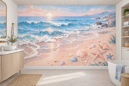 Pastel Ocean Waves Wallpaper Mural Watercolor Beach Sunset