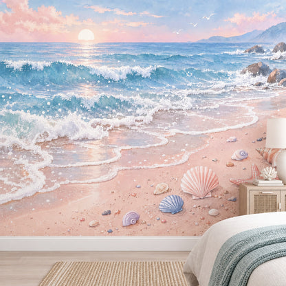 Pastel Ocean Waves Wallpaper Mural Watercolor Beach Sunset