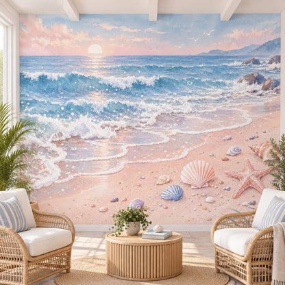 Pastel Ocean Waves Wallpaper Mural Watercolor Beach Sunset